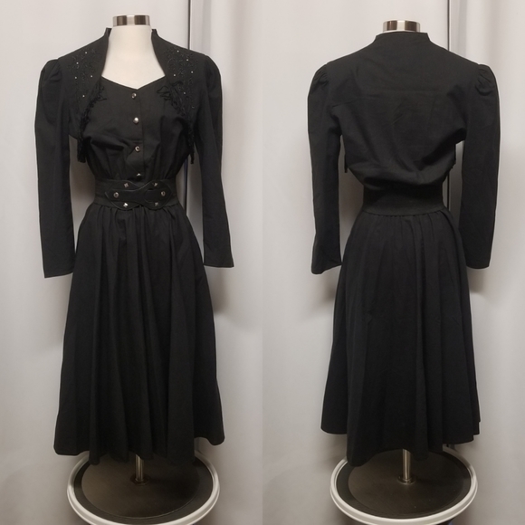 Vintage 80s Boho Western Rodeo Cowgirl Black Cotton Dancing Riding Midi Dress Sm - Picture 1 of 9